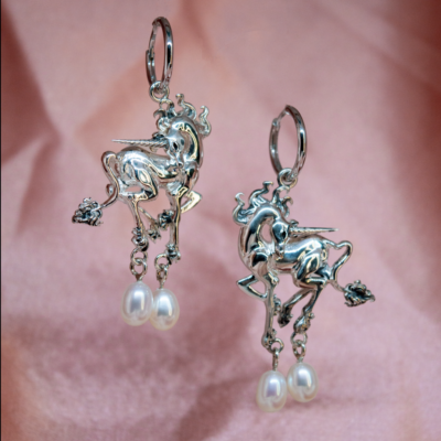 Silver Unicorn Pearl Earrings